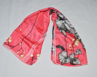 Vintage Scarf - Silk or Silk Blend, Dark Pink with Gray Leaves and White Flowers