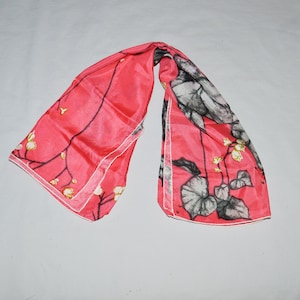 Vintage Scarf - Silk or Silk Blend, Dark Pink with Gray Leaves and White Flowers