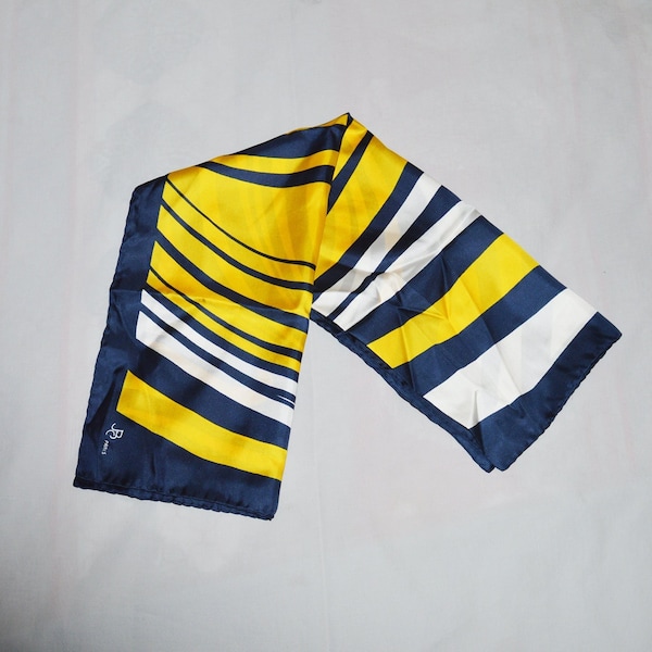 Vintage Scarf - Pierre Cardin, 1980s, Silk Scarf, Midnight Blue, Yellow, and White Design