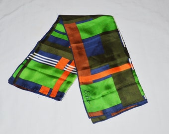 Vintage Scarf - Echo, 1970s, Silk or Silk Blend, Green Orange Blue Geometric Pattern