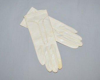 Vintage Ladies' Gloves - White Kid Leather, Decorative Stitching, 1960s, Size Small