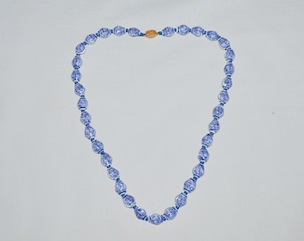 Vintage Necklace - Chinese Porcelain Beads, Blue and White Hand-Painted Characters