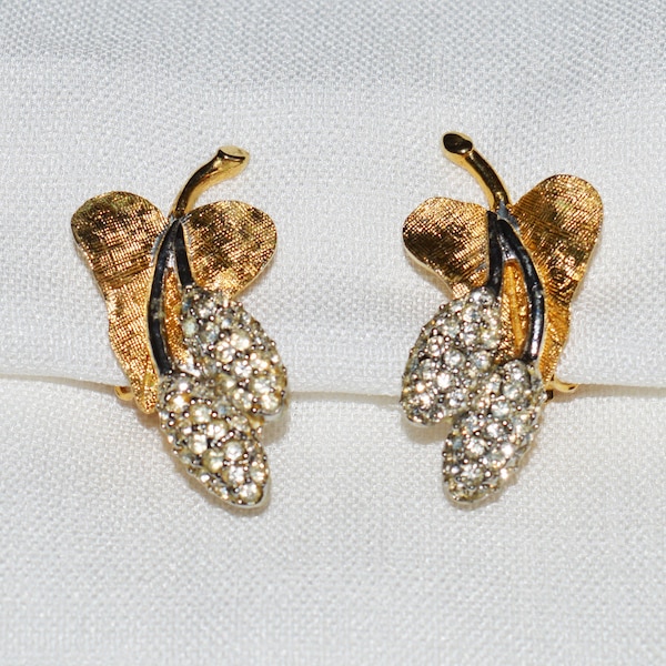 Vintage Earrings - Polcini, Clip Earrings, 1960s, Gold-Tone Metal Cattails with Paver Rhinestones