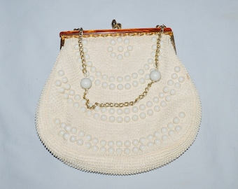 Vintage Purse or Handbag - 1950s or 60s, White Bead Dot Purse with Caramel Swirl Lucite Frame