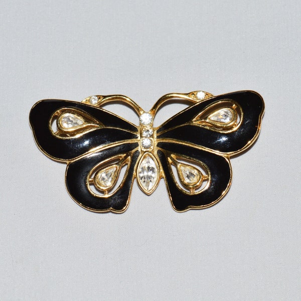 Vintage Brooch - Trifari, 1980s, Butterfly Brooch, Black Enamel over Gold-Tone Metal, Clear Rhinestones