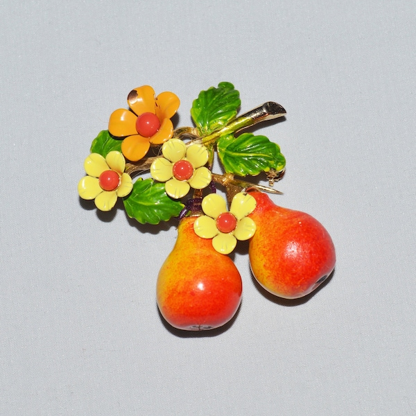 Vintage Brooch - Selini, 1960s, Pears and Flowers, Enamel over Metal, Fruit Salad Jewelry