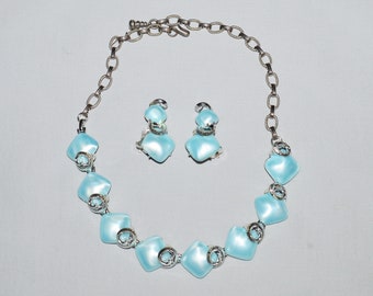 Vintage Jewelry Set - STAR, 1960s, Necklace and Earrings, Light Blue Moonglow Lucite Settings in Silver-Tone Metal