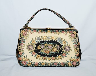 Vintage Handbag - 1960s Petit Point or Floral Tapestry Purse, Black and Cream with Flowers