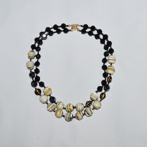 Vintage Choker - Double-Strand Choker, Faceted Black Lucite and Striped Agate Beads, 1950s