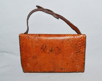 Vintage Handbag - 1970s, Brown Snakeskin Handbag with Leather Interior