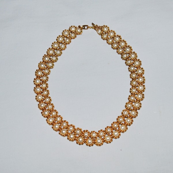 Vintage Necklace - Napier, 1980s, Double-Strand Faux Pearls and Twisted Gold Chain, Vintage Choker