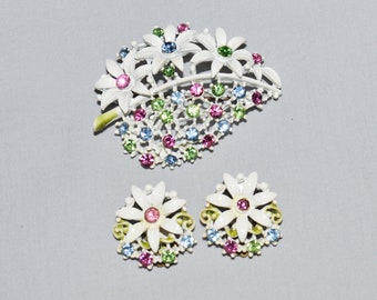 Vintage Jewelry Set - 1960s, Brooch and Earrings, White Painted Metal Flowers with Blue, Green, Pink Rhinestones