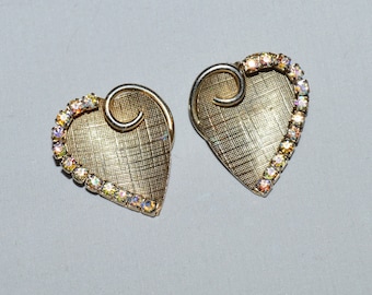 Vintage Earrings - Heart-Shaped Earrings, Gold-Tone Textured Metal with Rhinestones