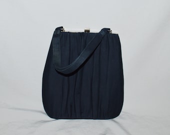 Vintage Handbag - Garay, 1950s, Dark Blue Pleated Cotton, Frame Bag, Satin Lining