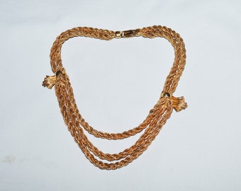 Vintage Necklace - Napier, 1950s, Statement Necklace, Gold Tone Rope Chain, Triple Strand Choker