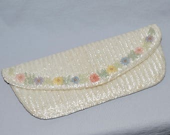 Vintage Beaded Clutch - White Beaded Clutch with Beaded Pastel Flowers, 1960s