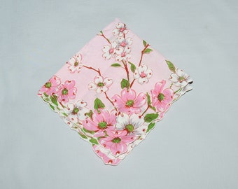 Vintage Handkerchief - 1950s or 60s, Light Pink Cotton with Darker Pink and White Flowers