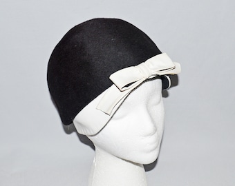 Vintage Hat - Lily Dache Debs, 1960s, Black Wool Bubble Turban with White Bow