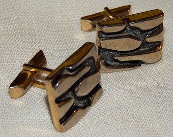 Vintage Cuff Links - 1960s, Silver and Black with Modernist Abstract Design