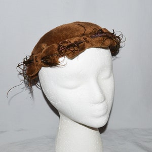 Vintage Cocktail Hat - 1950s, Lo-Me Original, Brown Fur with Bows and Faux Feathers