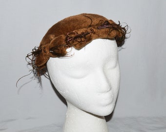 Vintage Cocktail Hat - 1950s, Lo-Me Original, Brown Fur with Bows and Faux Feathers