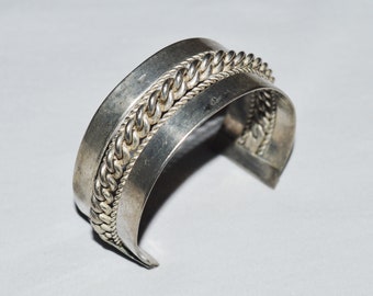 Vintage Bracelet - Cuff Bracelet, Twisted Inlay Design, Possibly Sterling Silver Mexico