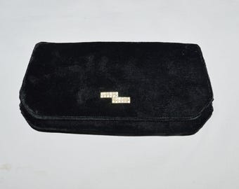 Vintage Clutch or Evening Bag - Black Velvet, 1940s or 1950s, Black Acetate Interior, Paris Bags, Rhinestone Decoration
