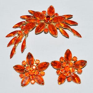 May include: A vintage jewelry set featuring a brooch and two matching earrings. The set showcases orange-colored, gem-like stones set in a gold-toned metal. The brooch has a floral design with a cascading element, while the earrings are flower-shaped.