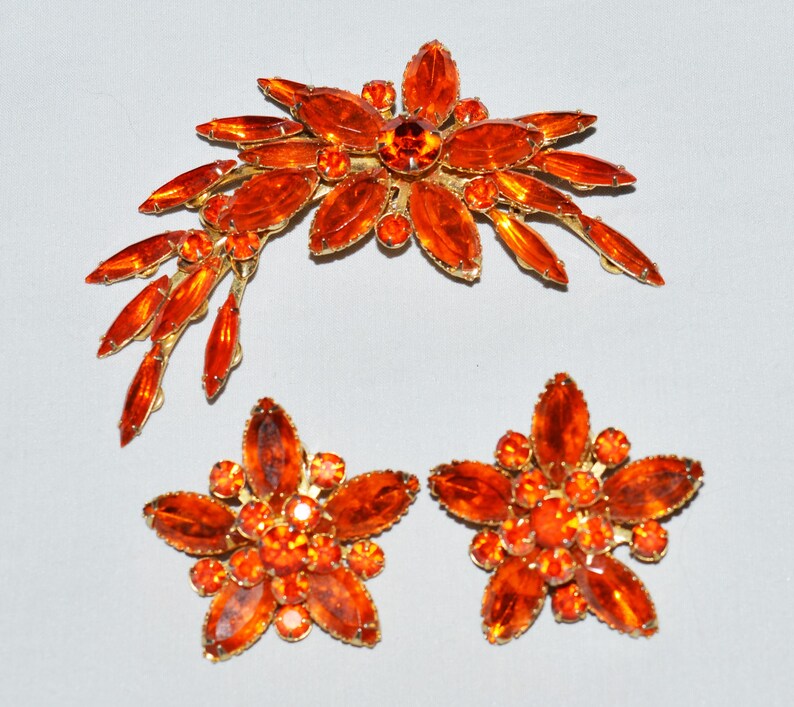 May include: A vintage jewelry set featuring a brooch and two matching earrings. The set showcases orange-colored, gem-like stones set in a gold-toned metal. The brooch has a floral design with a cascading element, while the earrings are flower-shaped.