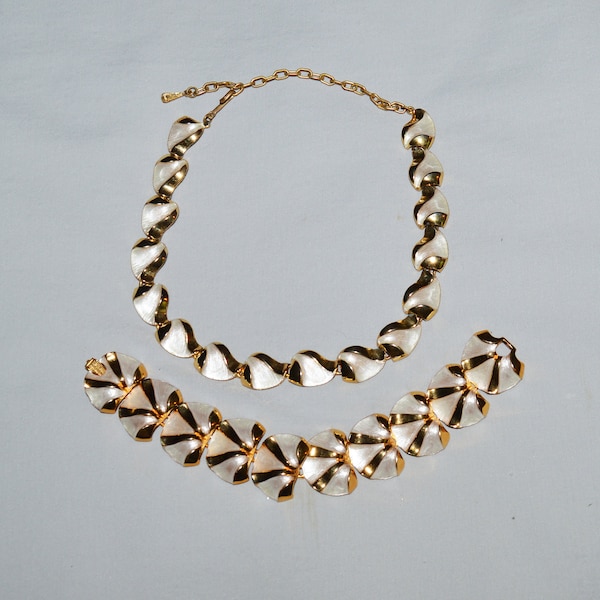 Vintage Judy Lee Jewelry Set - Necklace and Bracelet, Gold-Tone Metal with White Enamel, 1960s