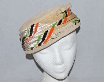 Vintage Hat - Mod Pillbox, 1960s, Tan Velour with Orange, Green, Black Striped Band, Candy Modes