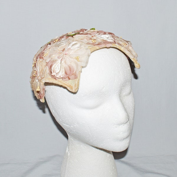 Vintage Hat - 1950s Juliet Cap, Pink and White Silk Flowers, Floral Hat