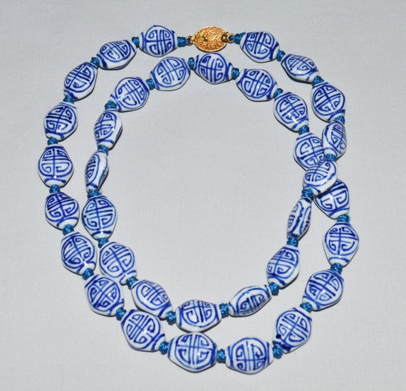 Vintage Necklace - Chinese Porcelain Beads, Blue … - image 3