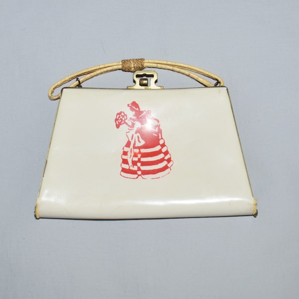 Vintage Child's Purse - 1950s, White Vinyl with Victorian Woman