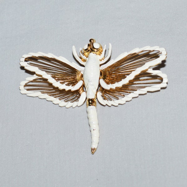 Vintage Brooch - Monet, 1960s, Dragonfly Brooch, White Enamel over Gold Tone Metal