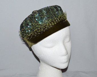 Vintage Pillbox Hat - Leslie James, 1960s, Medium Green Velvet with Green and Aurora Borealis Sequins