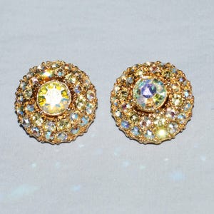 Vintage Clip Earrings - Aurora Borealis Rhinestones, Round Earrings