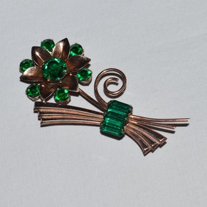 Vintage Brooch - Art Deco Style Flower and Stems, with Green Rhinestones, Marked Sterling