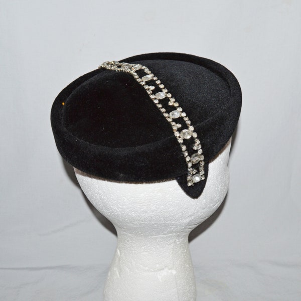 Vintage Hat - 1960s, Black Velour Pillbox-Style Hat with Rhinestone Decorations, Styled by Janet