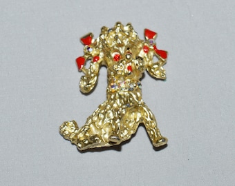 Vintage Pin or Brooch - 1960s Poodle or Dog Pin, Gold-Tone Metal with Red Enamel and Rhinestone Accents