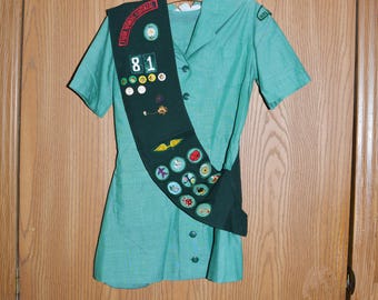 Vintage Girl Scout Uniform - Dress, Sash with Badges, and Yellow Tie, Four Winds Council, 1960s or 1970s