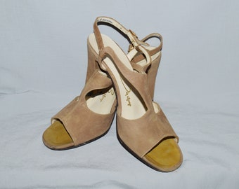 Vintage Shoes - 1960s, Tan Suede Pumps with Buckle Straps, Design by Evins, Display or Light Wear