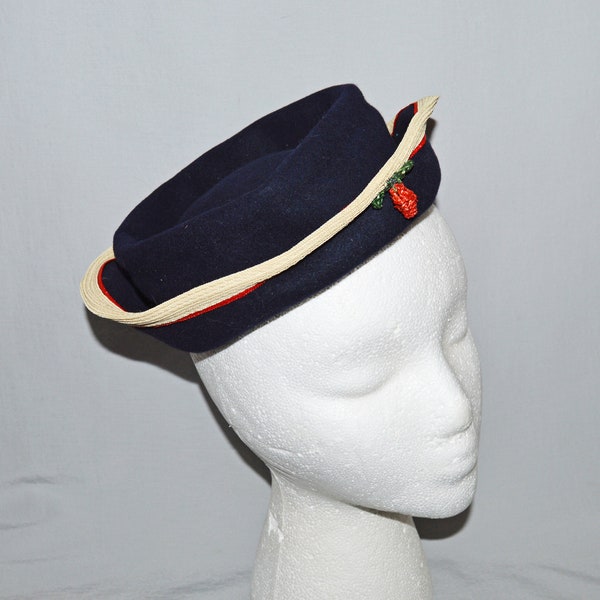Vintage Hat - Sailor-Style Hat, 1940s or 1950s, Dark Blue Wool Felt with White and Red Trim