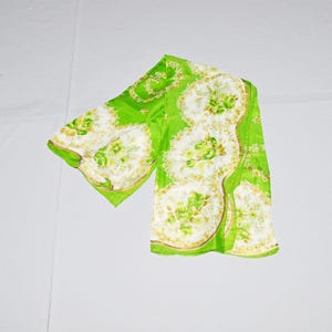 Vintage Silk/Rayon Scarf - 1960s or 1970s, Spring Green and White with Green and White Flowers and Gold Trim
