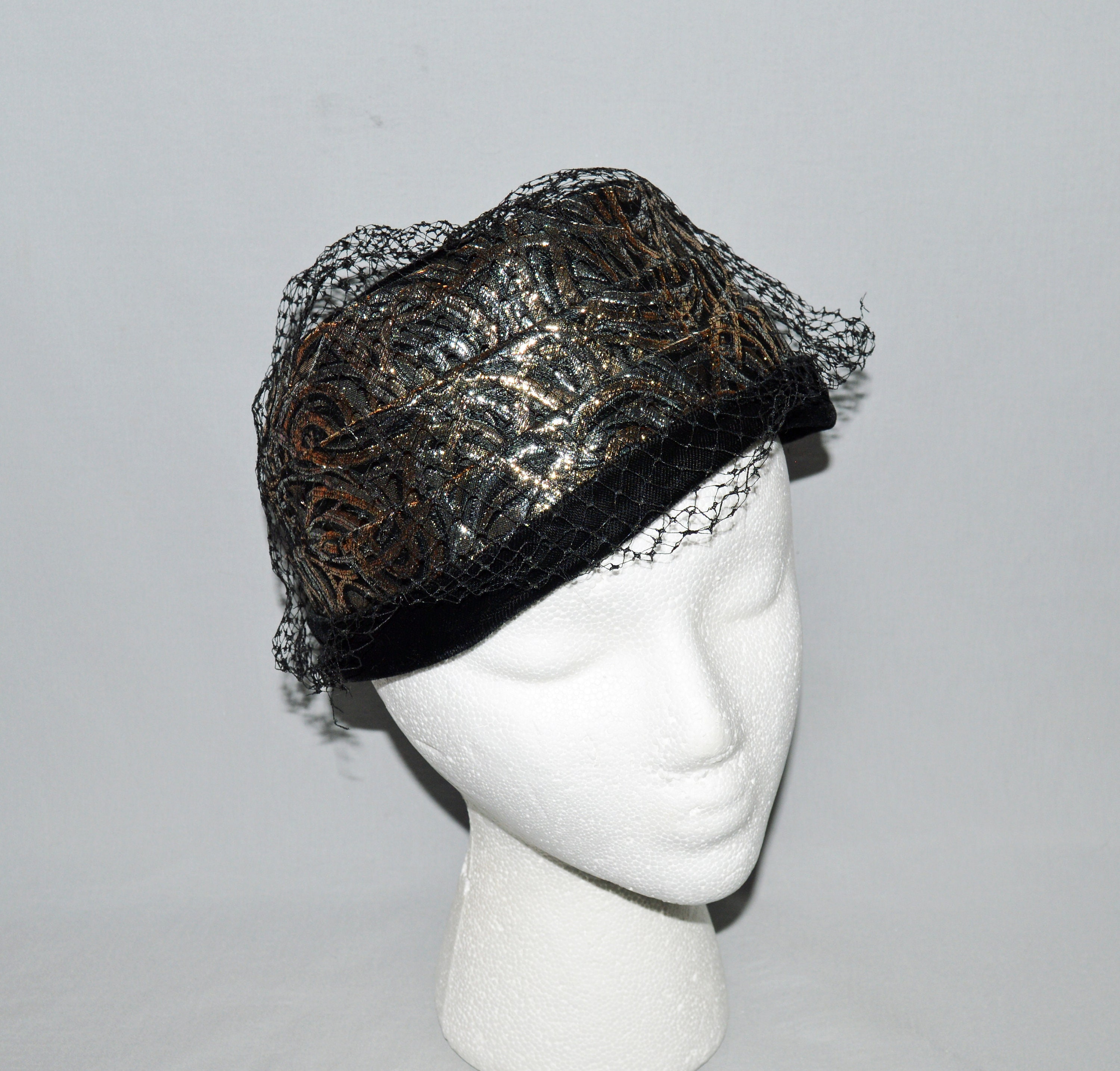 Vintage 1960s Brown Velvet Pillbox Hat Pearl Stick Pin Cocktail Hat Small 1960s elegance with this chic Astre wool pillbox hat  main image 2