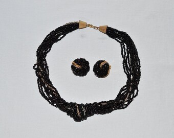 Vintage Jewelry Set - Jonne, Black Bead Necklace and Earrings Set, 1950s