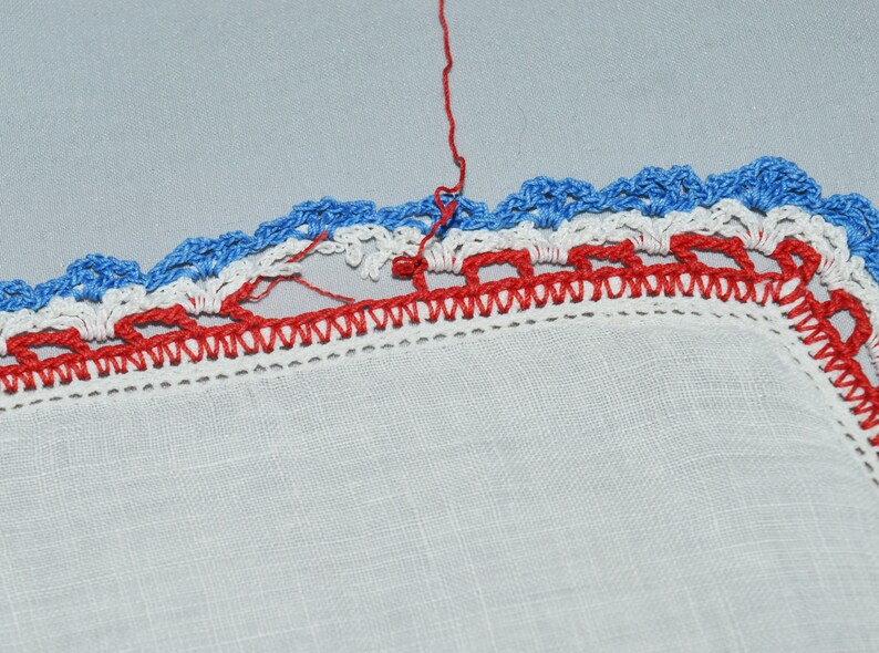 1950s and 1960s Lot of 5 White and Blue Linen and Cotton Crochet Edges Vintage Handkerchiefs