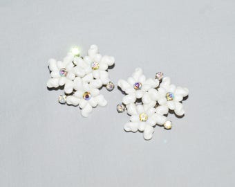Vintage Earrings - Coro, 1950s, White Celluloid Flowers with Rhinestones, Clip Earrings