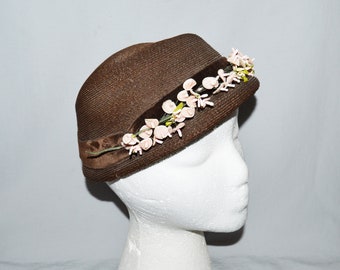 Vintage Hat - 1950s Cloche Hat, Brown Faux Straw with Brown Velvet Ribbon and Pink Silk Flowers