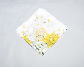 Pañuelo vintage - Algodón blanco, narcisos amarillos, pañuelo floral